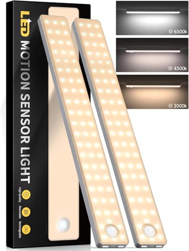 13inch Under Cabinet Lighting, 3 Color Temperatures Motion Sensor Light Indoor, USB Rechargeable Battery Operated Closet Lights, Dimmable LED Cabinet Lights, Under Counter Light for Kitchen (2 Pack)