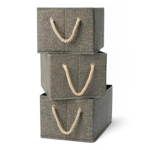 Amazon Basics Foldable Storage Bins with Rope Handles, Closet Organizers, Storage Baskets for Organizing, Large, Charcoal, 3-Pack