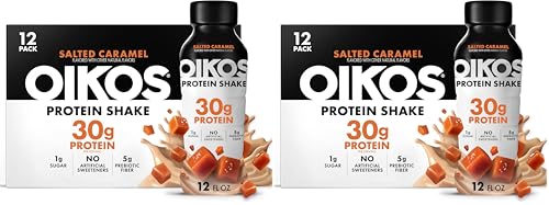 Oikos Protein Shake, Salted Caramel, 30g High Protein Drinks, Shelf Stable, Ready to Drink, 5g Prebiotic Fiber, 12 fl oz Bottle,(Pack of 24)