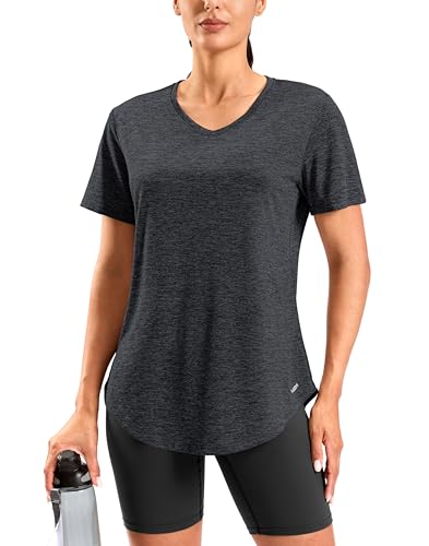 Viodia Womens Workout Tops Full Back Coverage Athletic Shirt UPF 50+ Quick Dry Short Sleeve T Shirts V Neck Gym Yoga Tunic Heather ‌Dull Grey S