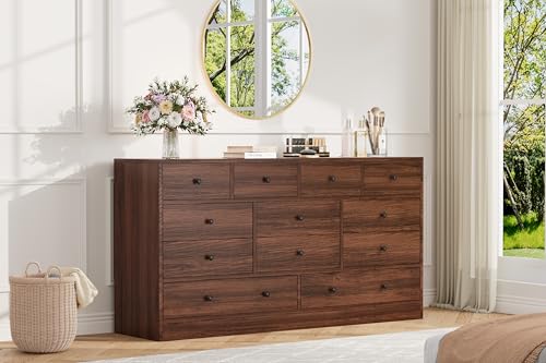 GarveeLife Modern 12 Drawer Wooden Dresser for Bedroom, 61" Long Chest with Charging Station, Large Storage Organizer & TV Stand for Nursery, Closet, Living Room – Antique Dark Color