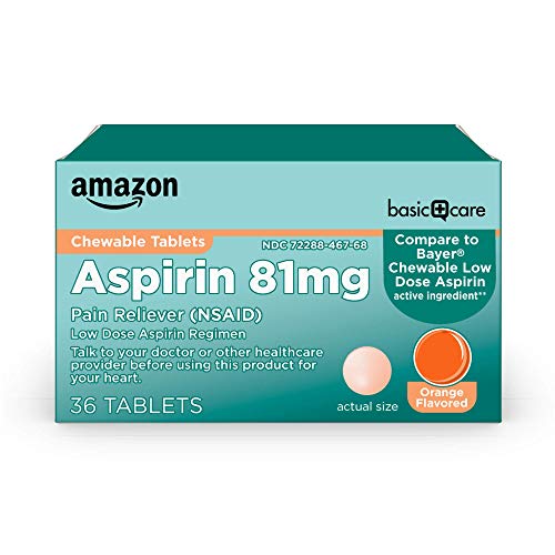 Amazon Basic Care Low Dose Aspirin 81 mg Chewable Tablets, Pain Reliever for Minor Aches, Orange Flavor, 36 Count
