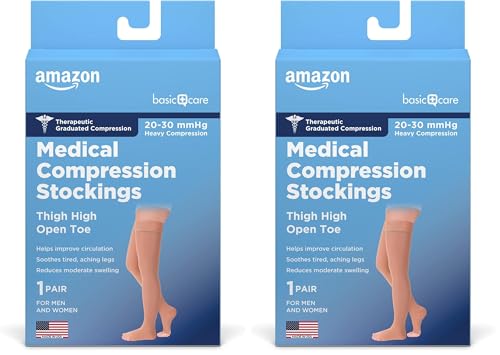 Amazon Basic Care Compression Stockings, 20-30 mmHg, Women & Men, Thigh Length | Open Toe | Beige | Large | Pack of 2