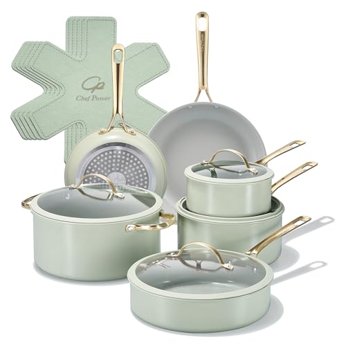 Chef Power Ceramic Cookware Sets, 15Pcs Pots and Pans Set Non Stick, Cookware Set with Stainless Steel Handle, Dishwasher & Oven Safe, Sage Green and Granite Grey