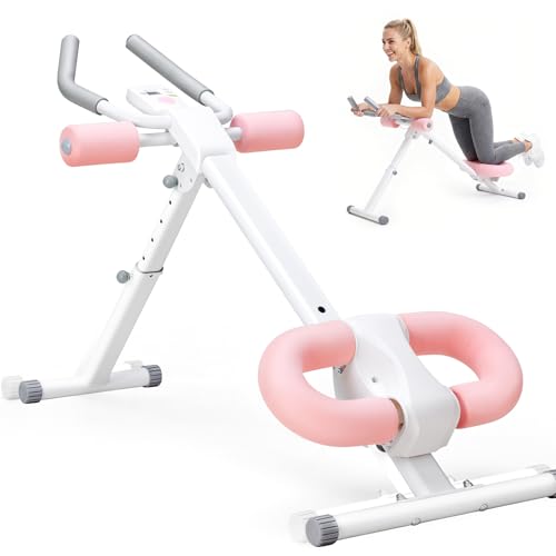 NEWBULIG Ab Machine, Abs Workout Equipment for Home Gym, Adjustable Ab Trainer Machine for Stomach Workout, Foldable Abdominal Trainer, Core Exericse, LCD Dispaly, Knee Protection, White Pink