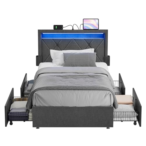 VASAGLE LED Bed Frame Twin Size, Twin Bed with Headboard and 4 Drawers, 1 USB Port and 1 Type C Port, Adjustable Upholstered Headboard 37.1/39.6 Inches, No Box Spring Needed, Dark Gray URMB823G71