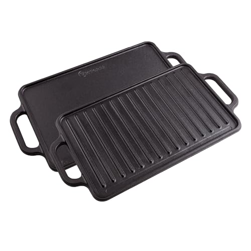 Victoria Rectangular Cast Iron Griddle. Double Burner Griddle, Reversible Grill, 13 x 8.5 Inch, Seasoned with 100% Kosher Certified Non-GMO Flaxseed Oil, Model: GDL-189