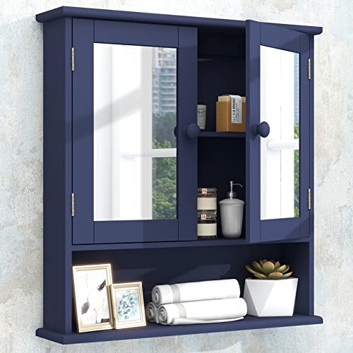 TaoHFE Blue Medicine Cabinet with Mirror, 2 Doors & 3 Open Shelves - Wall Mounted Wooden Storage Cabinet for Bathroom, Laundry or Kitchen