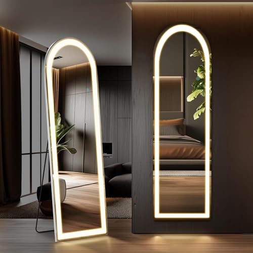 Elevon Full Length Mirror with LED Lights, 60"x16" Floor Mirror with Dimming & 3 Color Lighting, Led Mirrors Full Length with Stand for Bedroom, Dressing Room, Arched