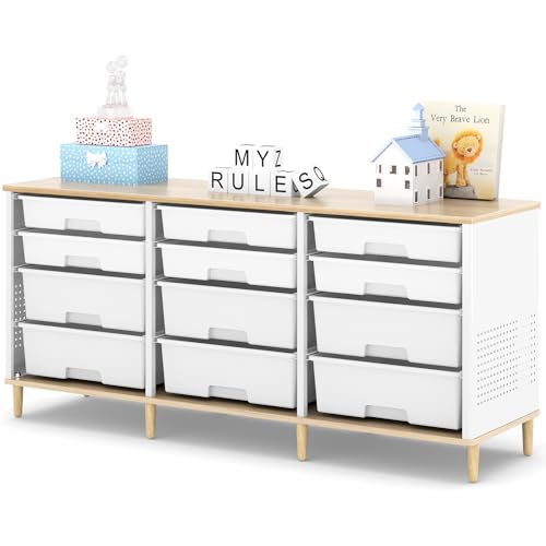 12 Drawers Storage Cabinet with Wooden Top and Plastic Bins, Toy Shelf Storage Chest Cubby Organizer for Home, Office, Playroom, Classroom & Craft Room Storage (White)
