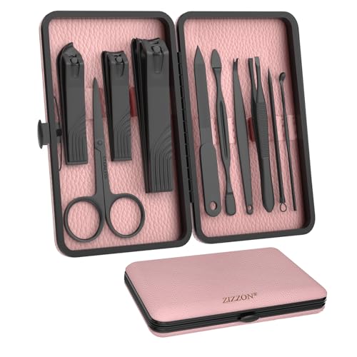 ZIZZON Travel Mini Manicure Set Nail Clipper Set 10 in 1 Stainless Steel Pedicure Care Grooming kit with Case (Black/Pink)