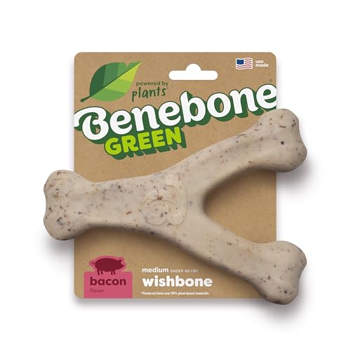 Dog Bones for Modest Chewers: Benebone Green Plant-Based Real Bacon Wishbone Dog Chew Toy for Medium Dogs, Made in USA