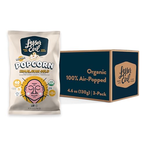LesserEvil Himalayan Gold Organic Popcorn, Premium Quality, Minimally Processed, No Vegetable Oil, 4.6 Oz (Pack of 3)