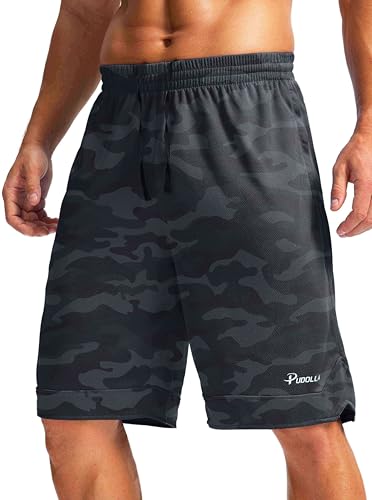 Pudolla Men's Basketball Shorts with Zipper Pockets 11" Long Gym Athletic Shorts for Men Lightweight Quick Dry(Grey camo Large)