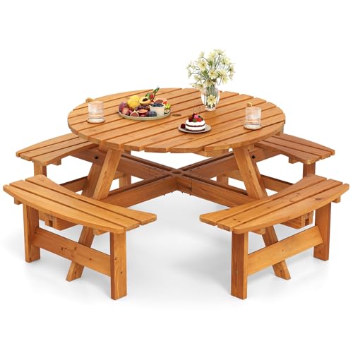 Giantex 8-Person Round Picnic Table Set with 4 Benches, 550 LBS Bench Capacity, 2" Umbrella Hole, Circular Outdoor Wood Dining Table & Chairs for Patio Yard Garden Porch Deck (71”x71”x28”,Yellow)