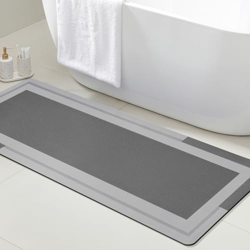 ACCUMTEK Non Slip Bath Mat, Thin Bathroom Rugs Fit Under Door, Quick Dry Bath Mats, Machine Washable Bath Rugs for Bathroom, Bathtub & Kitchen, Grey/Bordered/48 x20
