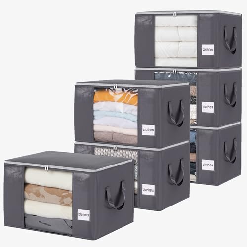 YGEOMER Blanket Storage Bags Clothes Organizers Closet Containers with Reinforced Handle for Clothing, Comforters, Bed Sheets, Pillows and Toys, Grey 60L 6 Pack