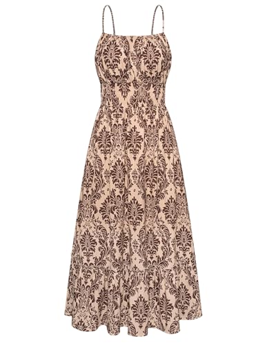 GRACE KARIN Summer Dresses for Women 2026 Vacation,Smocked Floral Maxi Dresses,Boho Beach Long Sundress Brown Floral S