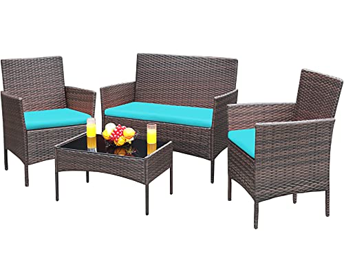 Greesum Patio Furniture 4 Pieces Conversation Sets Outdoor Wicker Rattan Chairs Garden Backyard Balcony Porch Poolside loveseat with Soft Cushion and Glass Table, Brown and Blue
