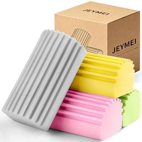 Jeymei 4-Pack Damp Clean Duster Sponge,Damp Dusting Sponge,Duster Baseboard Cleaner Sponge with Ridges,Reusable Wet Duster Sponge,Household Cleaning Sponges for Blinds(Grey,Yellow,Pink,Green)