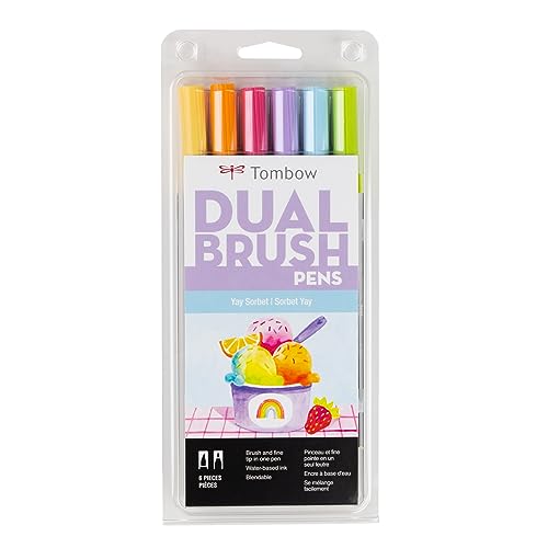 Tombow 56240 Dual Brush Pen Art Markers, Yay Sorbet, 6-Pack. Blendable, Brush and Fine Tip Markers