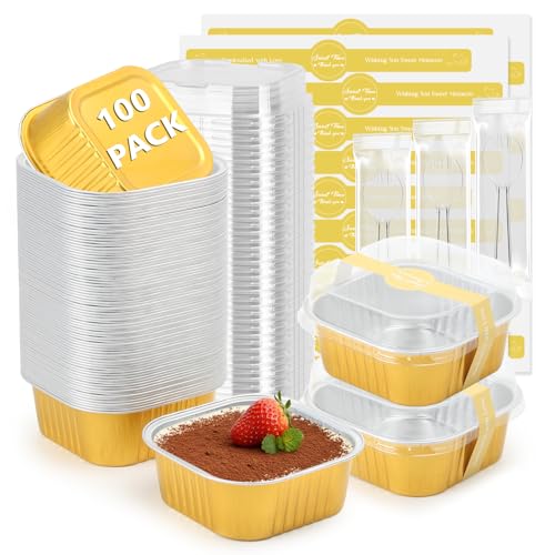 Ruckae 10oz 100 Pcs Square Mini Loaf Pans with Lids-Disposable Foil Dessert Containers,Mini Cake Pans with Lids,Aluminum Dessert Cups for Parties and Weddings (Gold, 10oz)