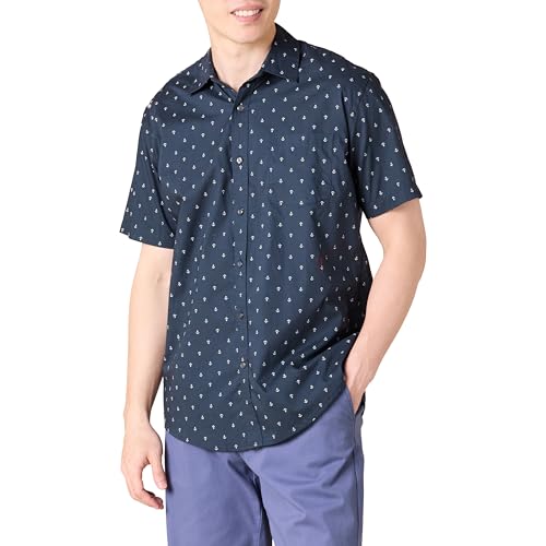 Amazon Essentials Men's Short-Sleeve Button-Down Print Shirt, Navy White Anchor Print, Small