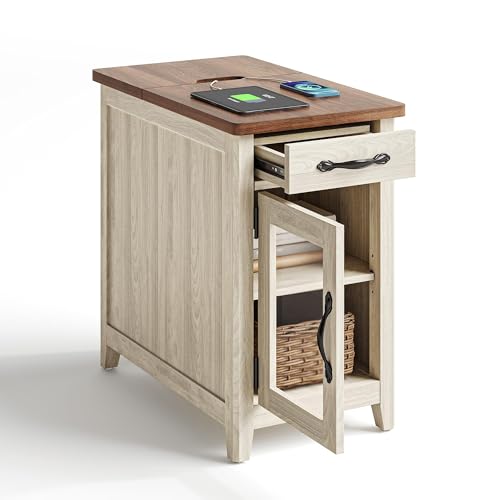 LINSY HOME Farmhouse End Table with Charging Station, Narrow Side Table for Living Room, Sofa Side Table with Drawer and Storage Cabinet, Small Nightstand for Home Office