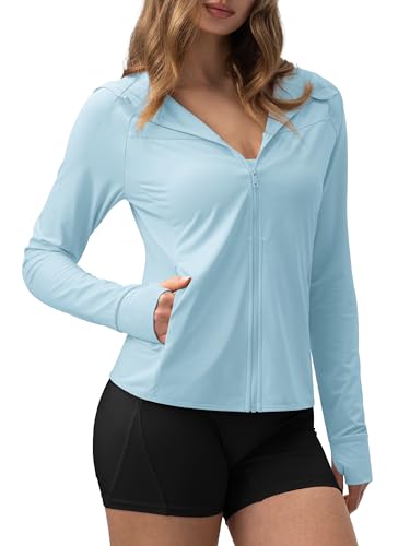 AVGO Women's UPF 50+ Sun Hoodie Workout Jacket, Outdoor UV Shirt Lightweight Long Sleeve Shirts for Women with Pocket (Blue Bell, Medium)