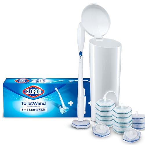 Clorox ToiletWand Disposable Toilet Cleaning System, Spring Cleaning Essential, ToiletWand, Storage Caddy, and 16 Disinfecting ToiletWand Scrubbing Pad Refills