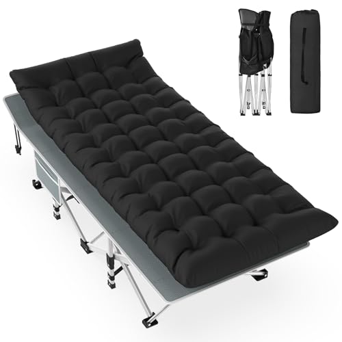 Slendor Folding Camping Cot Black, Sleeping Cot for Adults with Carry Bag, Mattress, 1200D Layer Oxford Portable Camp Bed Cot Bed for Guest Travel Office Beach