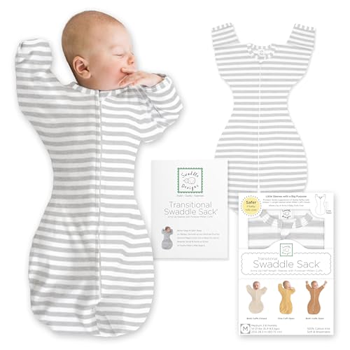 SwaddleDesigns Transitional Swaddle Sack, Arms Up Half-Length Sleeves & Mitten Cuffs, Swaddle for Newborn Transition to Baby Sleep Sack Wearable Blanket, 3-6 Month, 14-21 lb, Heathered Gray Stripes