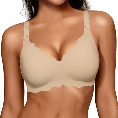 OEAK Women Jelly Bras No Underwire Scalloped Push Up Buttery Soft Tshirt Bra Seamless Full Coverage Convertible Everyday Bra Semolina,M
