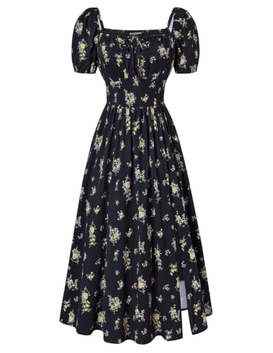Scarlet Darkness Women's Floral Corset Dress with Split 2026 Summer Spring Square Neck Midi Milkmaid Dresses Black Yellow Ditsy Floral XL