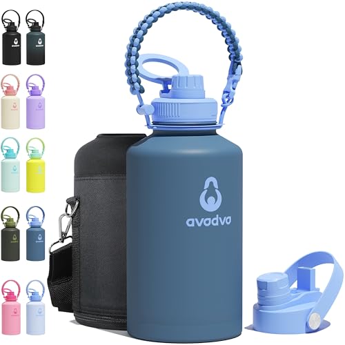 avodvo 64 oz Water Bottle with 2 Lids (2-in-1 Straw & Spout Lid, Magnetic Lid), Insulated Water Bottle with Strap, Stainless Steel Water Bottle for Hiking, Gym, Travel, BPA-Free, Dark Blue