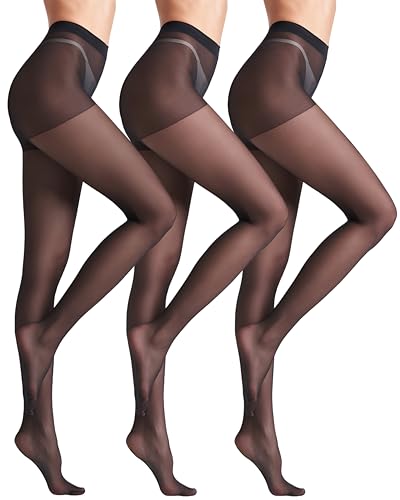 leg elegant 3 Pairs Sheer Tights Women's 20D Ultra Sheer Pantyhose with Control Top (Black, L)