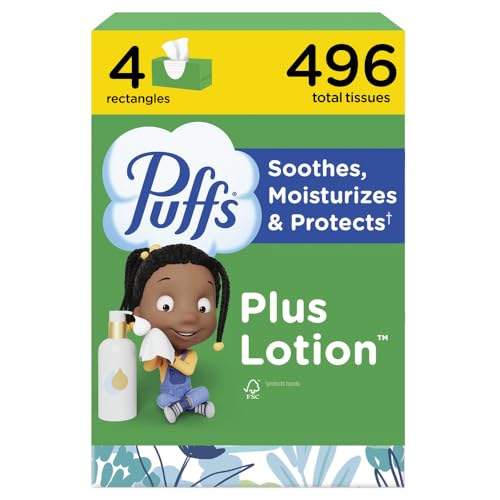 Puffs Plus Lotion Facial Tissues, 4 Family Boxes, 124 tissues per Box, Allergies and Colds