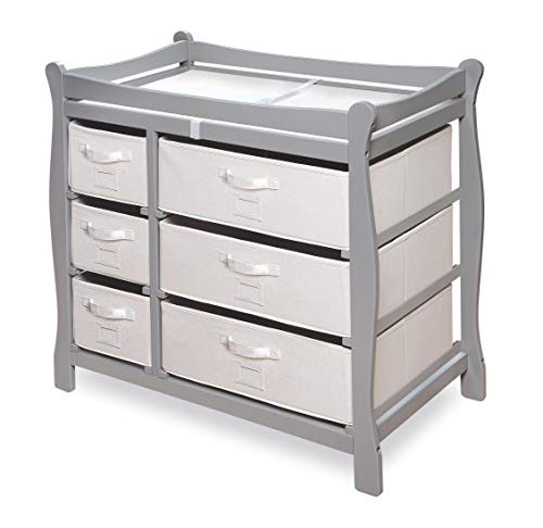 Badger Basket Sleigh Style Baby Changing Table - Diaper Station with 6 Removable Storage Baskets, Safety Rails, Pad, and Belt - Nursery Organizer - Gray/White