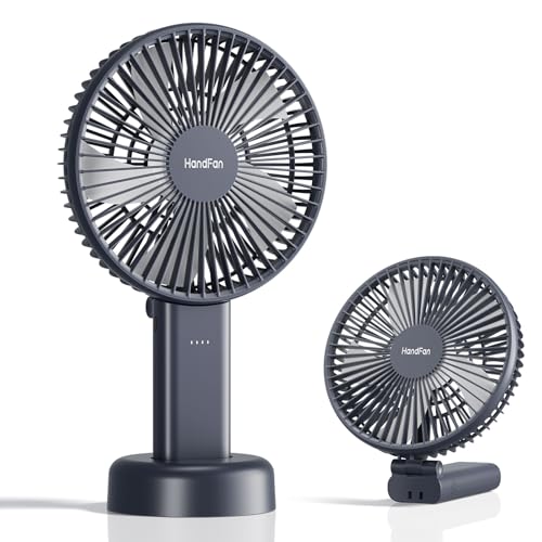 HandFan Quiet 6 Inch Handheld Fan [34H Max Cooling Time], 6 Speed Rechargeable Personal fan and Desktop with Base, 180° Foldable for Travel Concerts Makeup Office (Grey)
