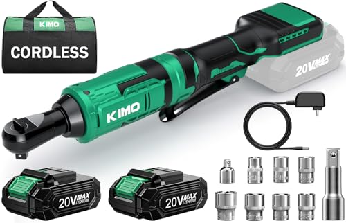 KIMO 20V Cordless Ratchet Wrench 3/8, 89Ft-lbs 400RPM Electric Ratchet Wrench Set w/Variable Speed, 2x2.0Ah Battery Power Ratchet Wrenches, 7Sockets, 3/8"to1/4" Adapter, 3"Extension Bar, Fast Charger