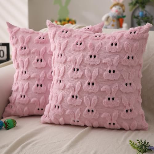 DFXSZ Easter Pillow Covers 16x16 inch Set of 2 Easter Decoration Pink Rabbit Soft Plush Faux Fur Jacquard Throw Pillows for Bedroom Sofa Holiday Festivals Home Decor FHJ-07B16