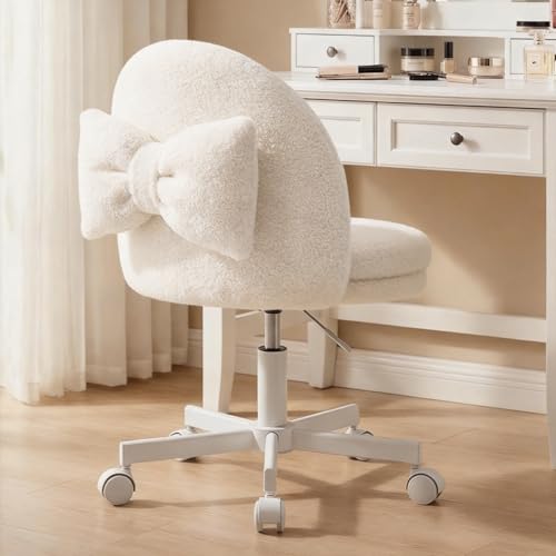 GTPLAYER Velvet Tall Office Chair with Wheels Vanity Chairs with Back, Versatile Height Use: Office to Bar Stools Small Ergonomic Comfy Armlees Computer Desk Chair with Bow Lumbar Pillow for Gift