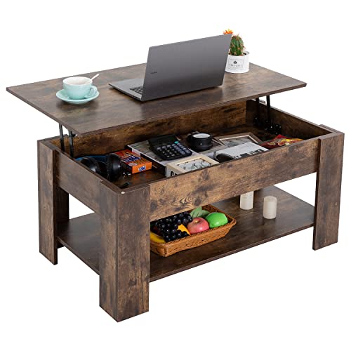 FDW Lift Top Coffee Table with Hidden Compartment and Storage Shelf Wooden Lift Tabletop for Home Living Room Reception Room Office,39.4",Brown