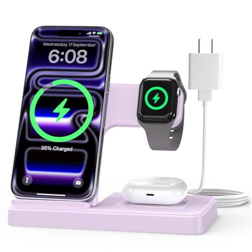 Wireless Charger Stand Charging Station: 3 in 1 Charger Multiple Devices for Apple iPhone 17 16e 16 15 14 Pro Max 13 12 11 for Watch 11 10 9 8 7 6 5 4 3 2 SE and Ultra & Airpods Series, Light Violet