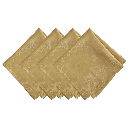 Elrene Home Fashions Poinsettia Elegance Jacquard Christmas/Holiday Cloth Dinner Napkins, Set of 4, 17"x17", Gold