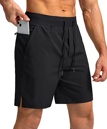Men's Running Shorts with Zipper Pockets 7 Inch Lightweight Quick Dry Gym Athletic Workout Shorts for Men (Black, L)