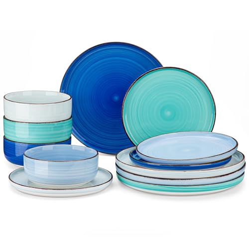 vancasso Bonita Blue Dinnerware Sets, Plates and Bowls Set for 4, 12 Pieces Stoneware Dinnerware Set, Dishwasher and Microwave Safe
