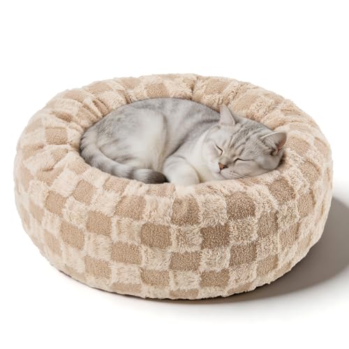 Dog Calming Beds for Small Medium Large Dogs - Round Donut Washable Puppy Dog Bed, Anti-Slip Faux Fur Fluffy Donut Cuddle Anxiety Cat Pet Bed (20" Grid)