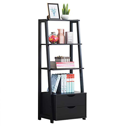 Tangkula 4-Tier Ladder Shelf with 2 Drawers, 52.5" Tall Freestanding Bookcase, Shelving Unit Display Rack with Storage for Bedroom, Living Room, Home Office (1, Black)