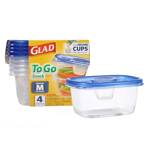 Glad GladWare To Go Snack Food Storage Containers with Lids, Medium Rectangle No BPA Plastic with Built-In Dressing Cup for Salads and Snacks, Microwave Dishwasher Safe, 24 Oz, 4 Count
